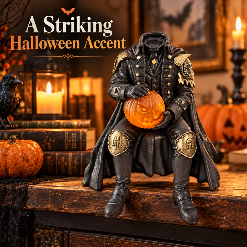 Halloween Headless Horseman Resin Statue, Gothic Headless Knight Holding Glowing Pumpkin Figurine, Horror Desktop Ornament Home