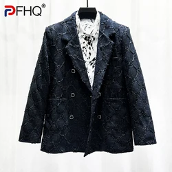 PFHQ Autumn New Personalized Design Double Breasted Suit Men Jacket Fashionable Trendy Loose Fit Solid Color Male Tops 21Z5892