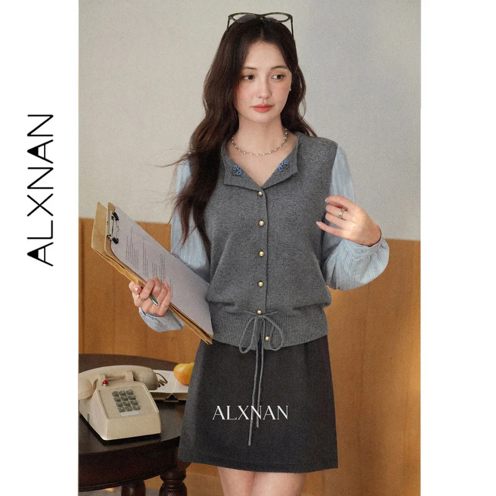 ALXNAN Grey Fake Two-piece Knit Cardigan with Blue Striped Spliced Sleeves Autumn Loose-fit Sweaters 2026 Female Top DYL663123