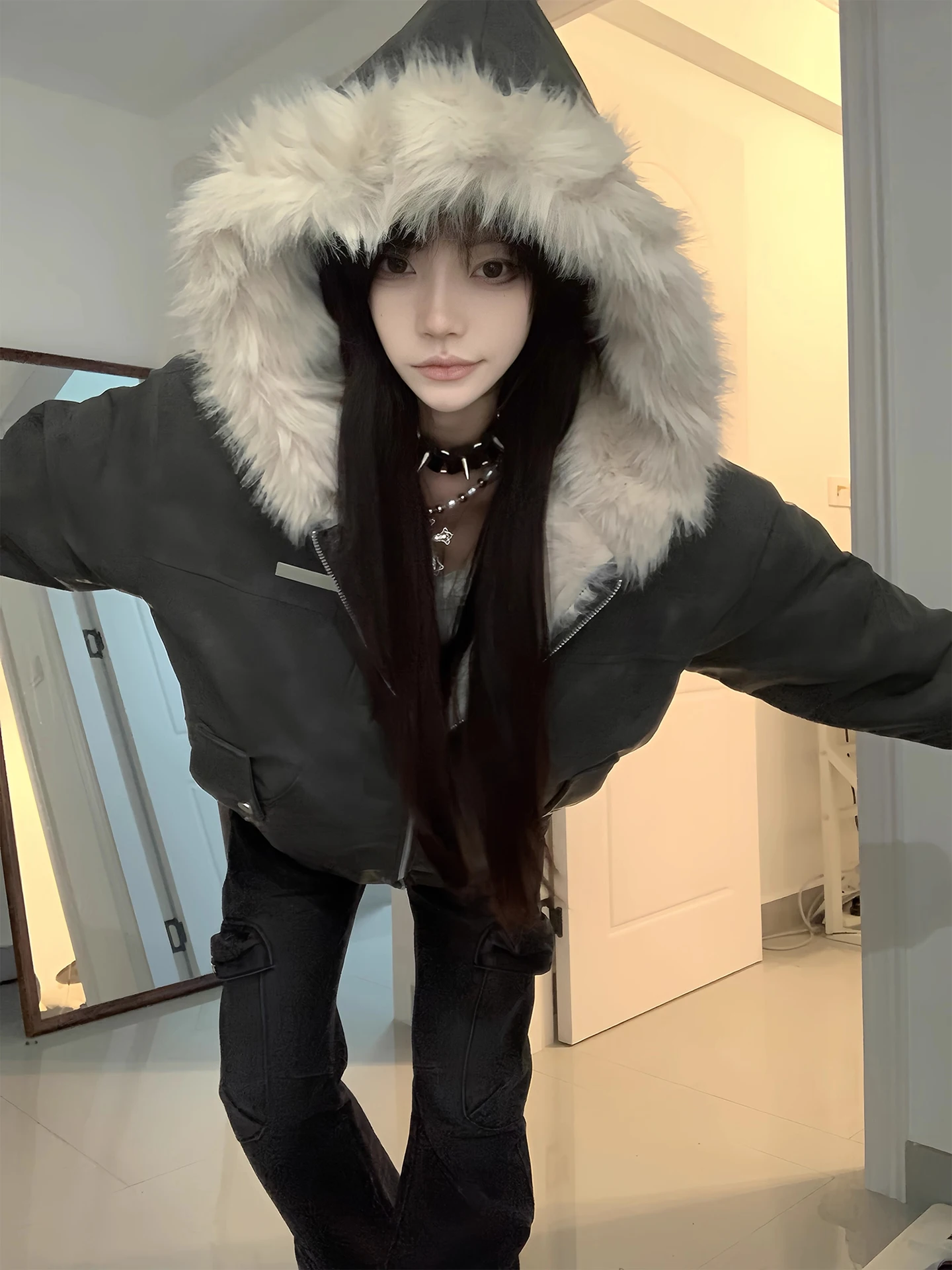 

Cleanfit Men's Winter Thiened ort Cotton Jaet with Fur Collar PU Leather Fill Hooded Stand Fit Casual Faion