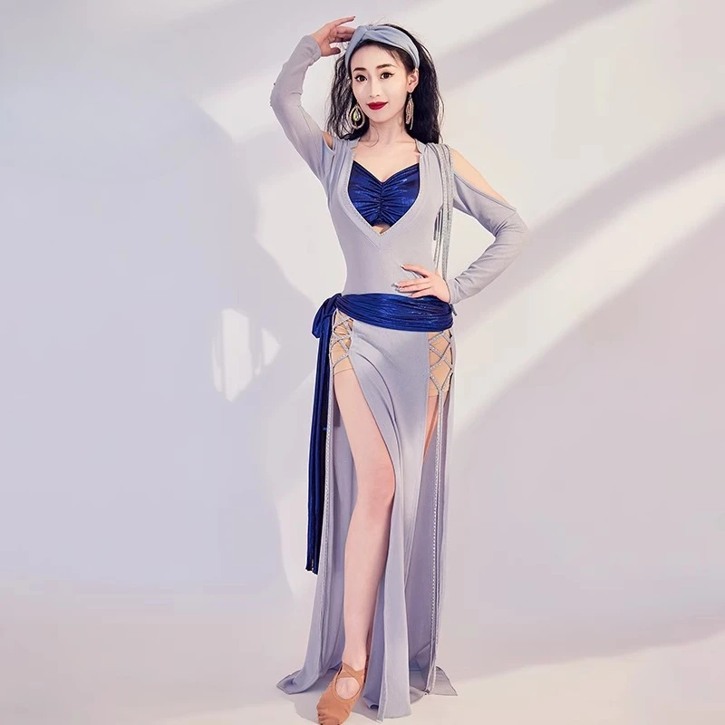 أزياء الرقص الشرقي الجديدة المخصصة، رداء طويل لامع، ملابس ممارسة الرقص الشعبي، فستان أداء بلدي #4