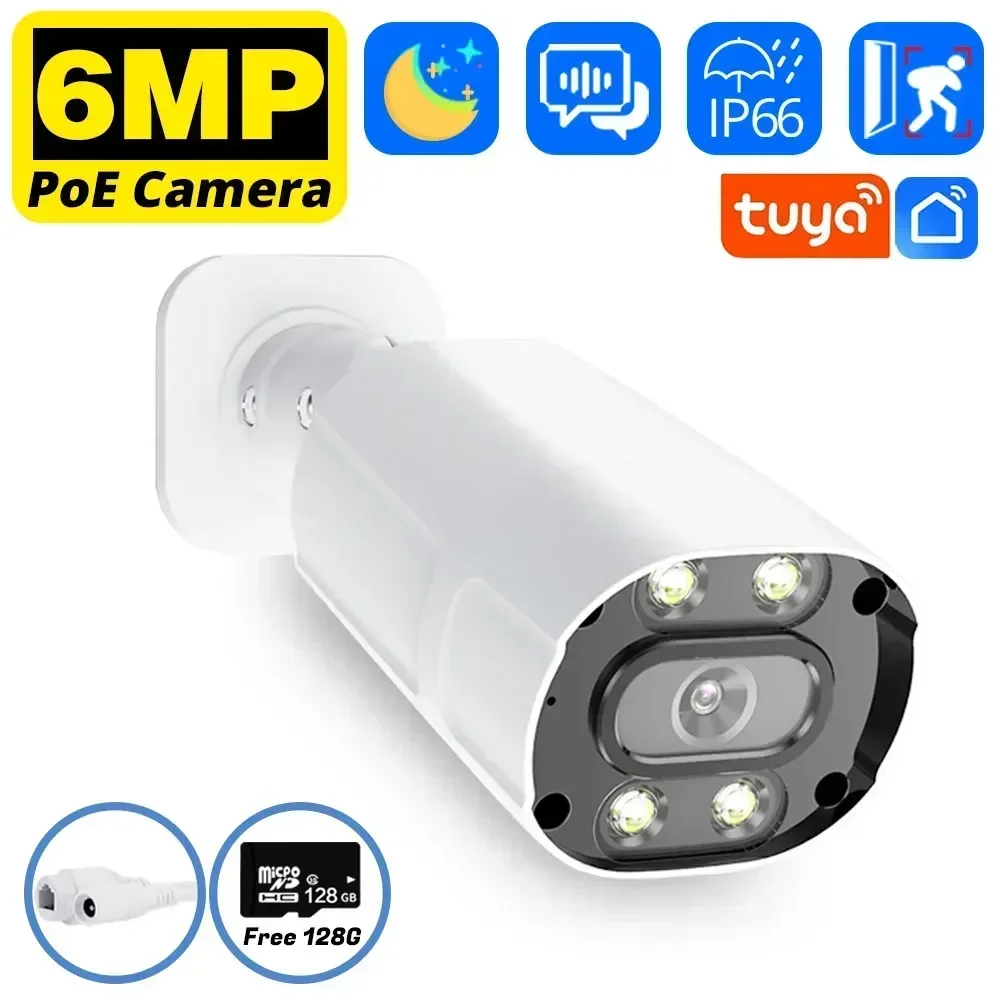 

Камера Tuya 6MP POE HD IP-камеры видеонаблюдения Уличная пулевидная камера H.265 CCTV 2-стороннее аудио Цветное ночное видение Smart Life