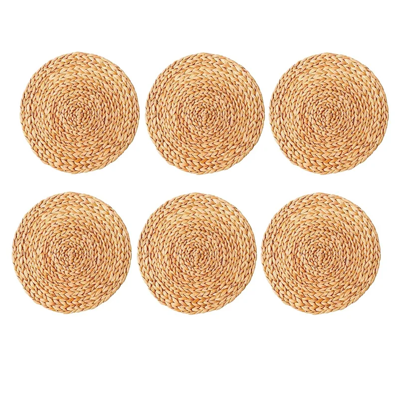 Round Woven Placemats, Natural Water Hyacinth Placemats, Wicker Placemats, Braided Straw Rattan Table Mats 6Pack