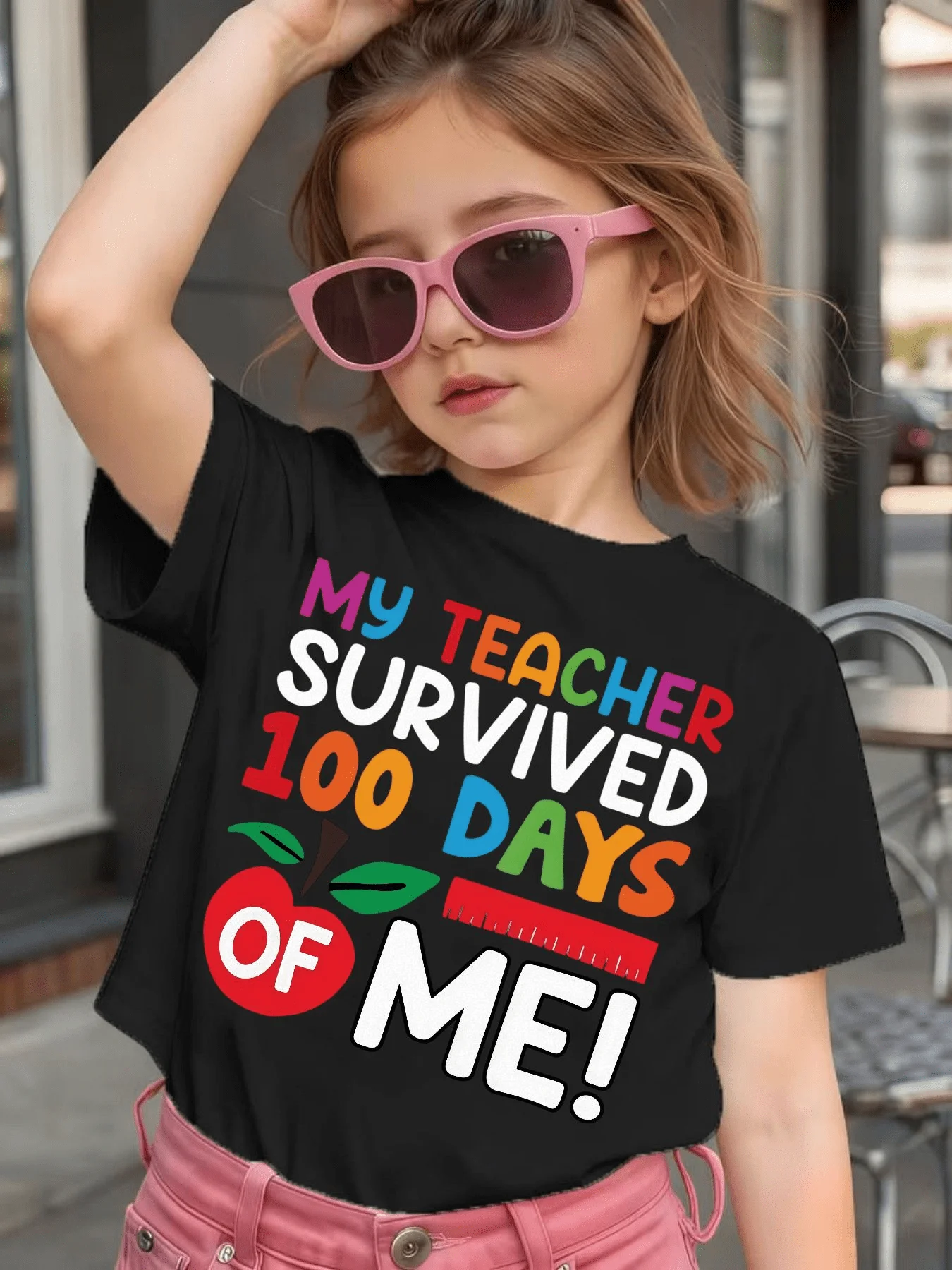 Funny 100 Days Of School Letter Apple Print Kids T Shirt Boys Girls Family Matching Cotton Sleeve Casual Tees For Toddler Kids