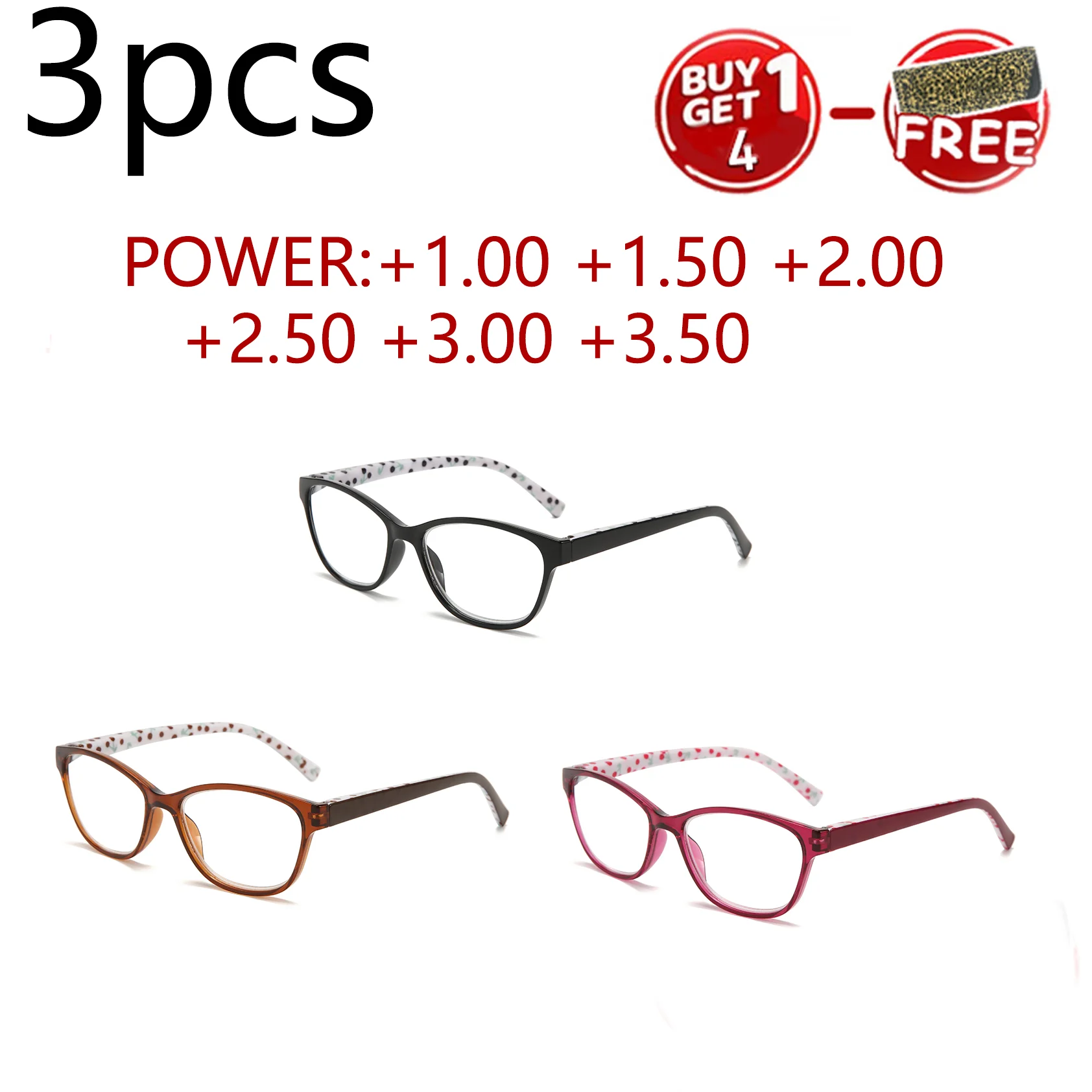 

3PCS Cat-Eye Reading Glasses with Polka Dot Temple Decor, Spring Hinges, Comfort Fit, Power: 1.00-3.50