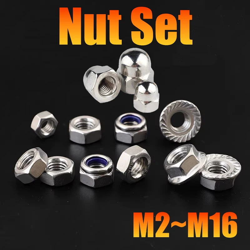 1 Box Mix M2-M16 Nut Set Kit Stainless Steel Metric Locknut Nylon Insert Hex Nuts Hexagon Flange Nut Acorn Nuts for Screw Bolt