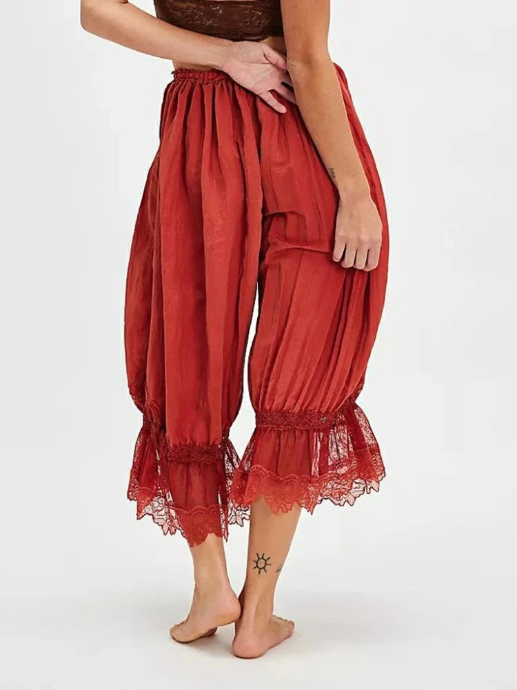 2025 New Women's Y2K Loose Fit Bloomers Comfort Pants Drawstring High Waist Floral Lace Patchwork Calf-Length Lantern Trousers