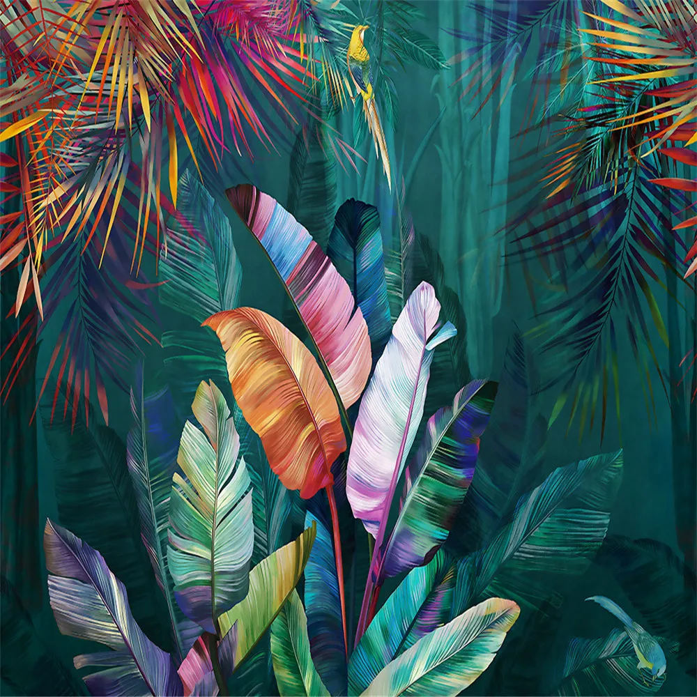 Xuesu Carta da parati impermeabile ispessita personalizzata, piante tropicali e murales colorati con foglie di banana