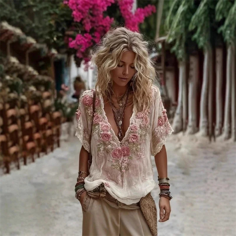 

V-Neck Short Sleeve Embroidered Top, Imitation Jacquard Loose Fit Soft Summer Shirt For Women