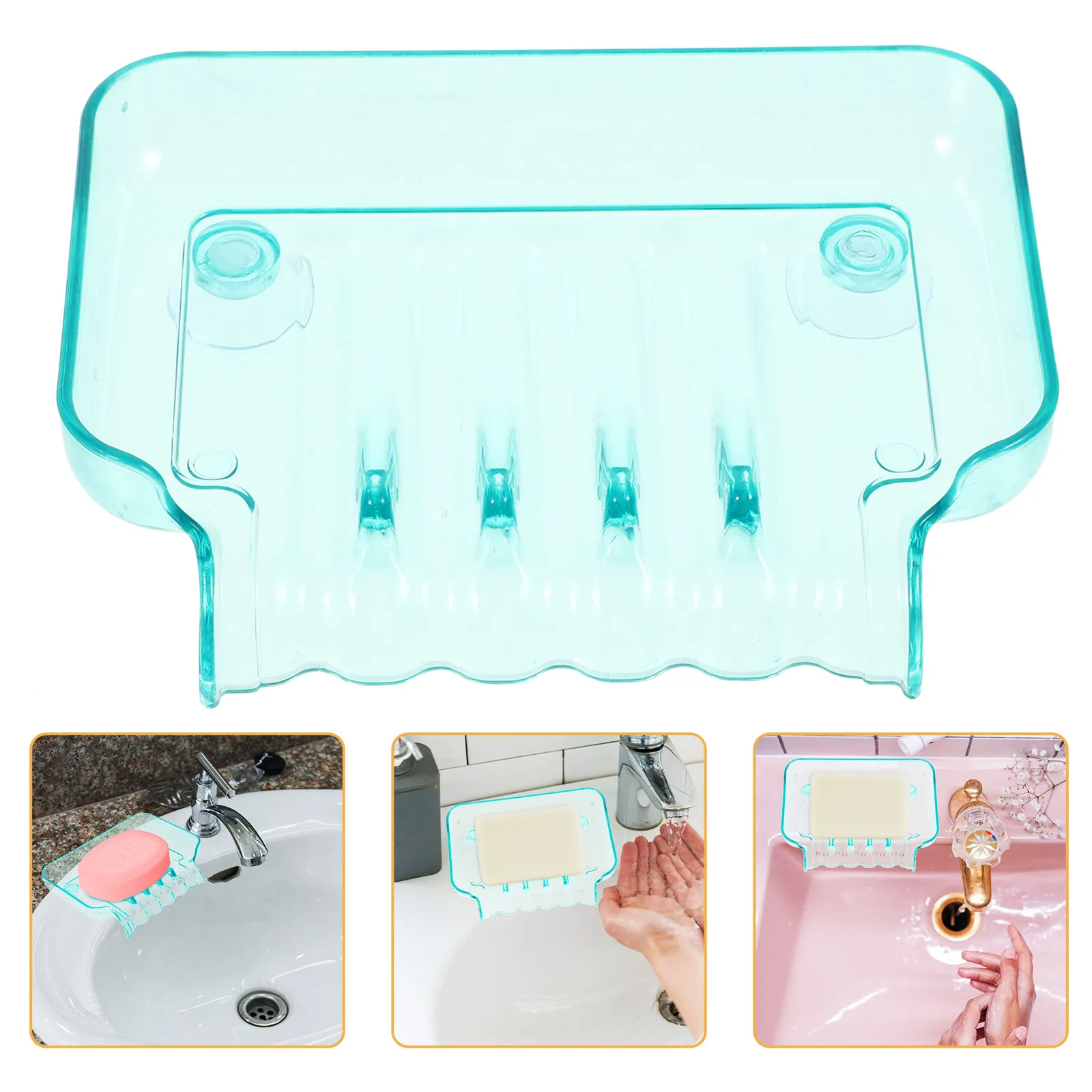 1Pcs Modern Waterfall Suction Soap Box Heavy Duty Plastic Drainable Soap Holder for Bathroom Kitchen Sponge Storage Green