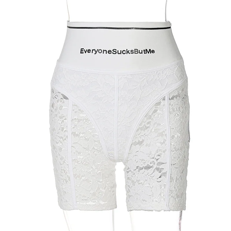 Sexy Letter Print Black Lace Shorts Women Activewear Fitness Sport High Waist Patchwork Zipper Biker Shorts Women Clothing