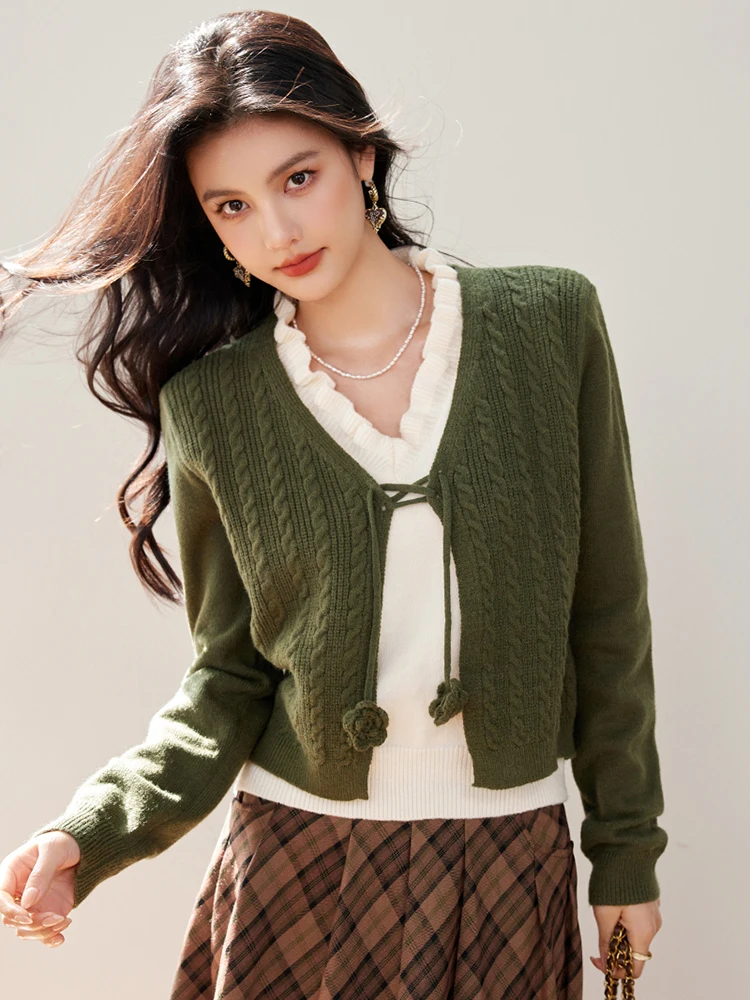 Sweater rajut kerah V kasual longgar, atasan rajut dua potong motif gaya malas, Pullover temperamen wanita