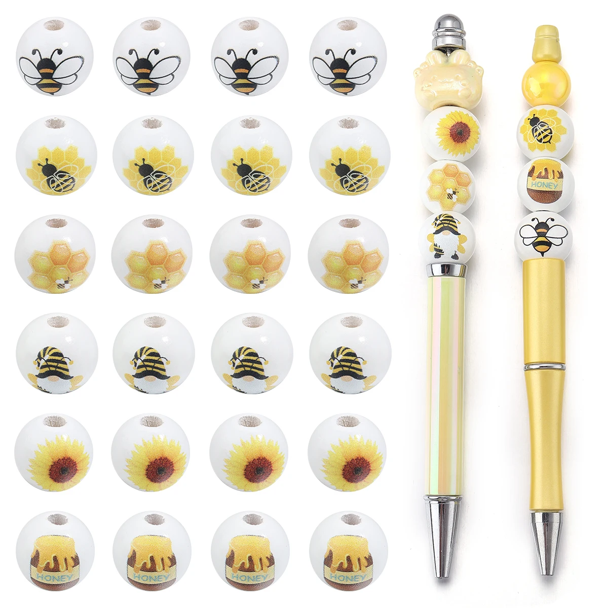 

10Pcs Natural Wood Beads Bee Series Printed Round Large Hole Loose Charm Bead for Jewelry Supplies DIY Making Bracelet Key Chain