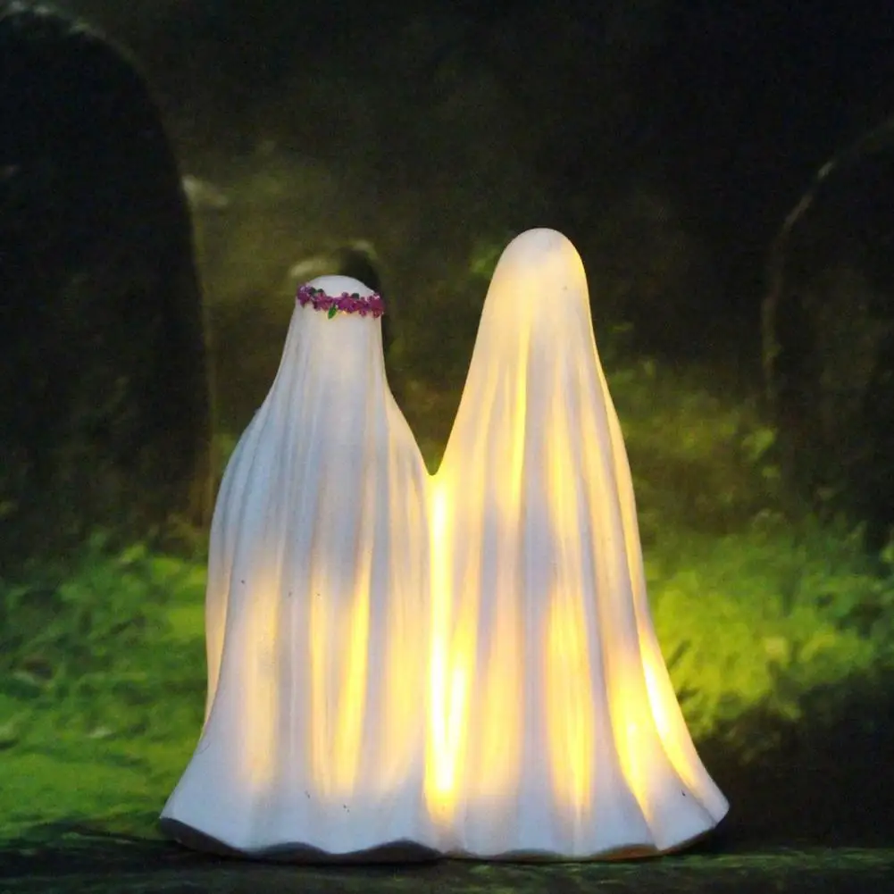 Ghost Bride Groom Lawn Ornament Spooky Halloween Glowing Ghost Bride Groom Statue Set for Indoor Outdoor Night Light Decorations