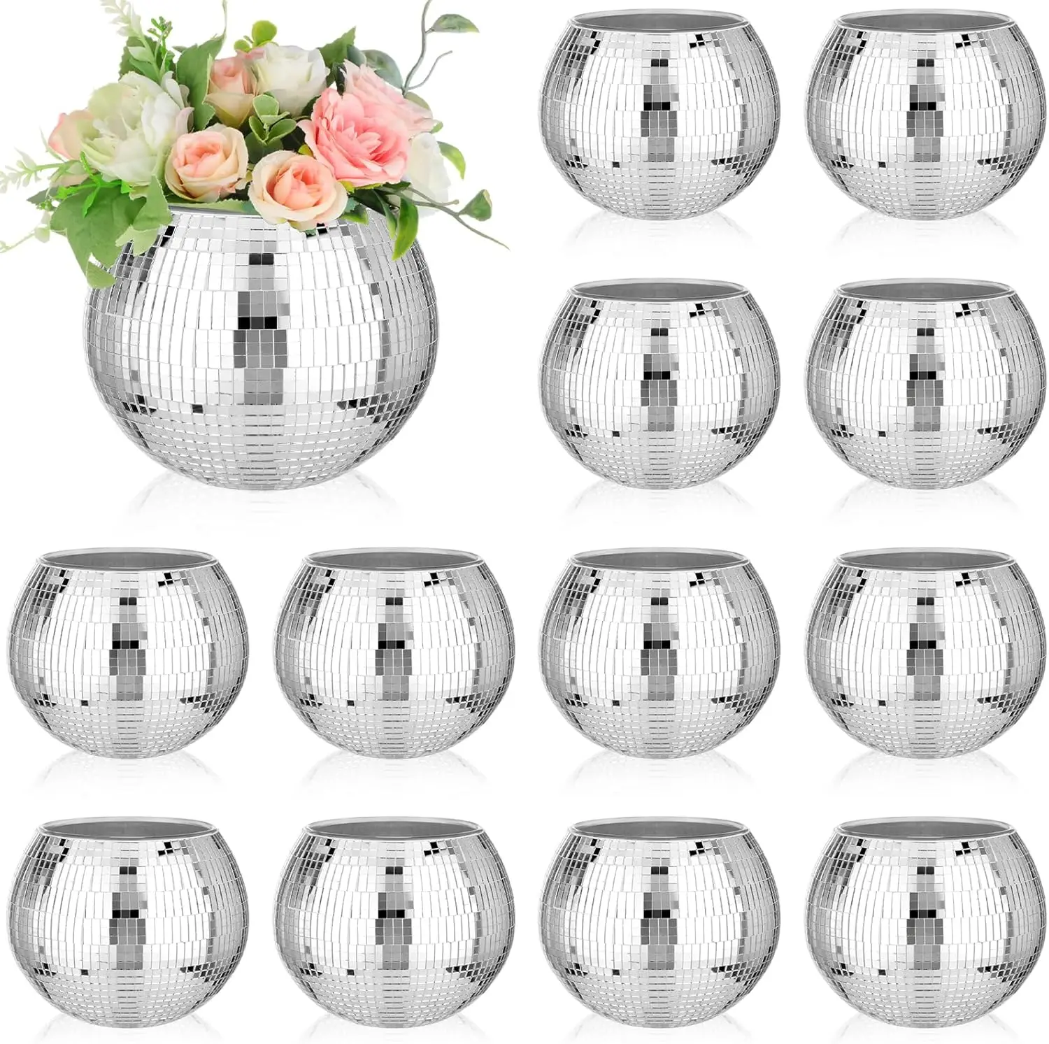 

Jinei 12 Pcs Disco Vases Bulk Silver Mirror Disco Ball Flower Vase Glass Disco Ball Planter Candle Holder Glass Vase For