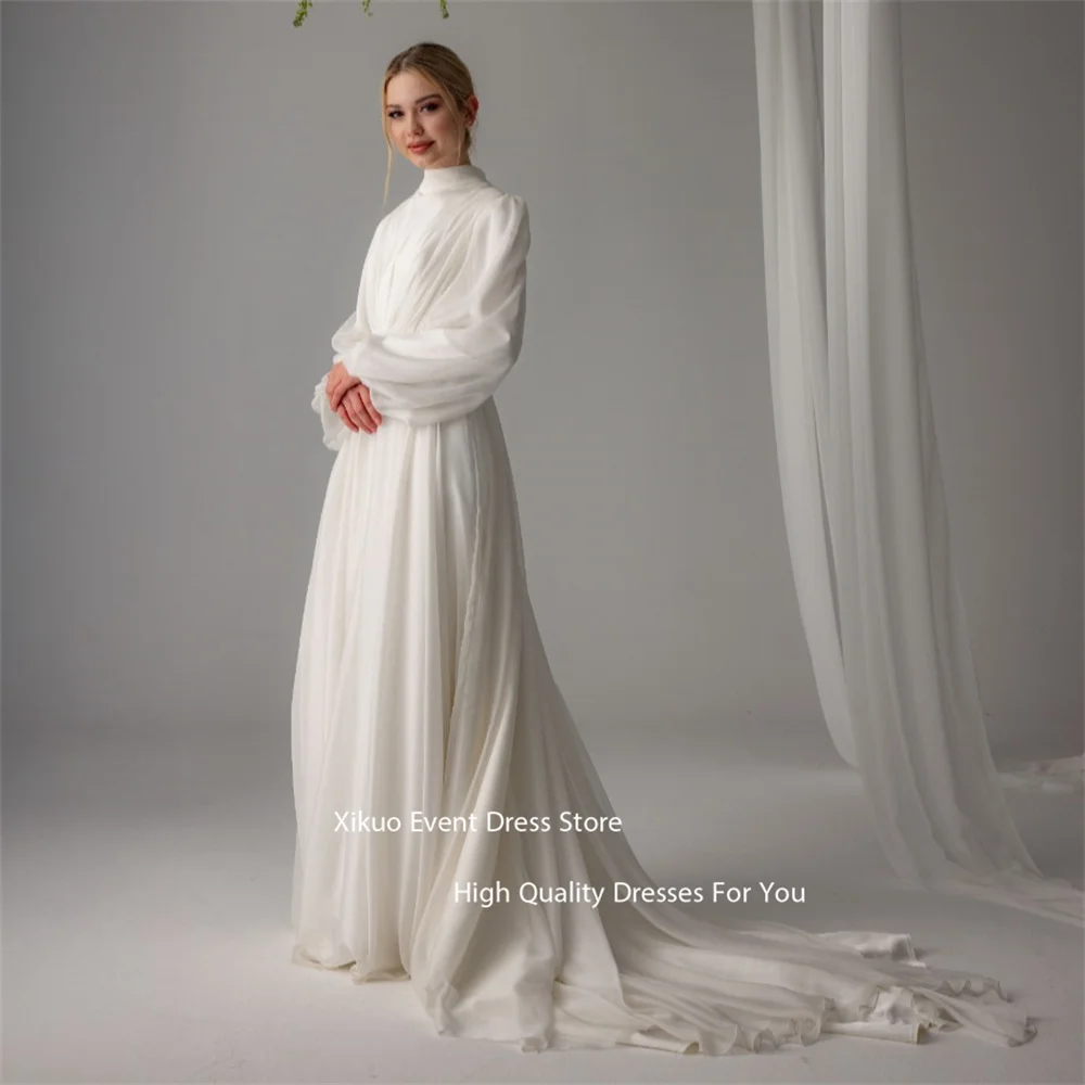 Xikuo moderne une ligne col haut robe De mariée froncé longueur De plancher plissée robe De mariée manches ballon robes De Novia personnalisé