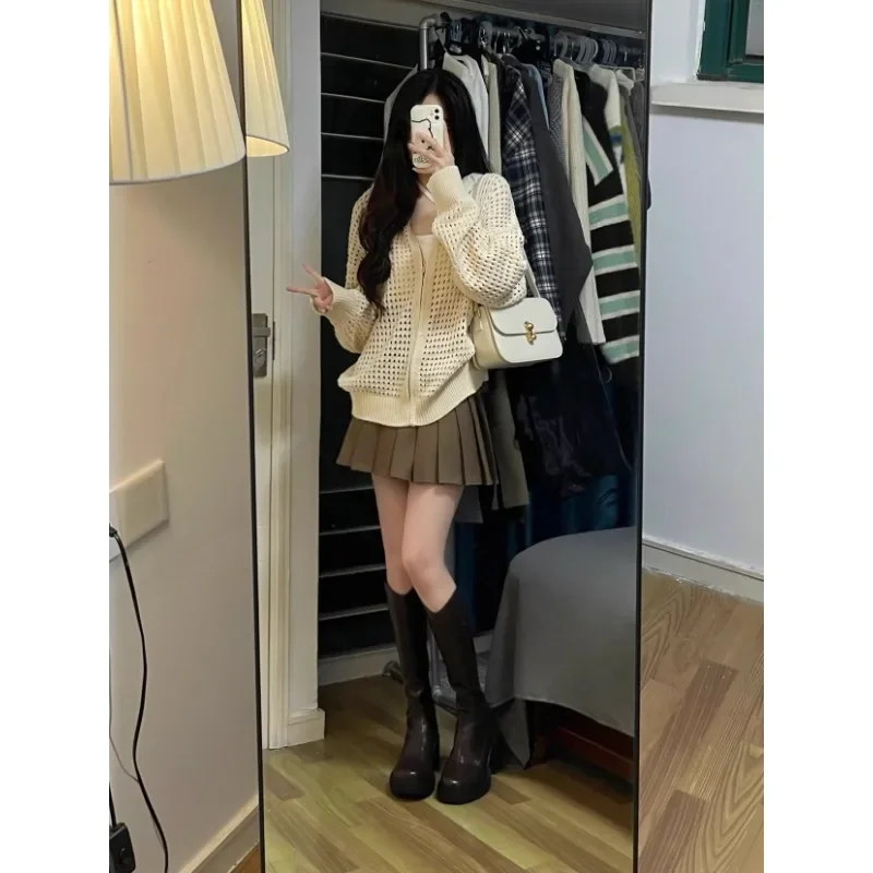 

Women's Hollow out Design Knitted Thin Outerwear Spring Summer Lazy Zipper Cover up Cardigan Loose Fit Long Sve Sweatirt