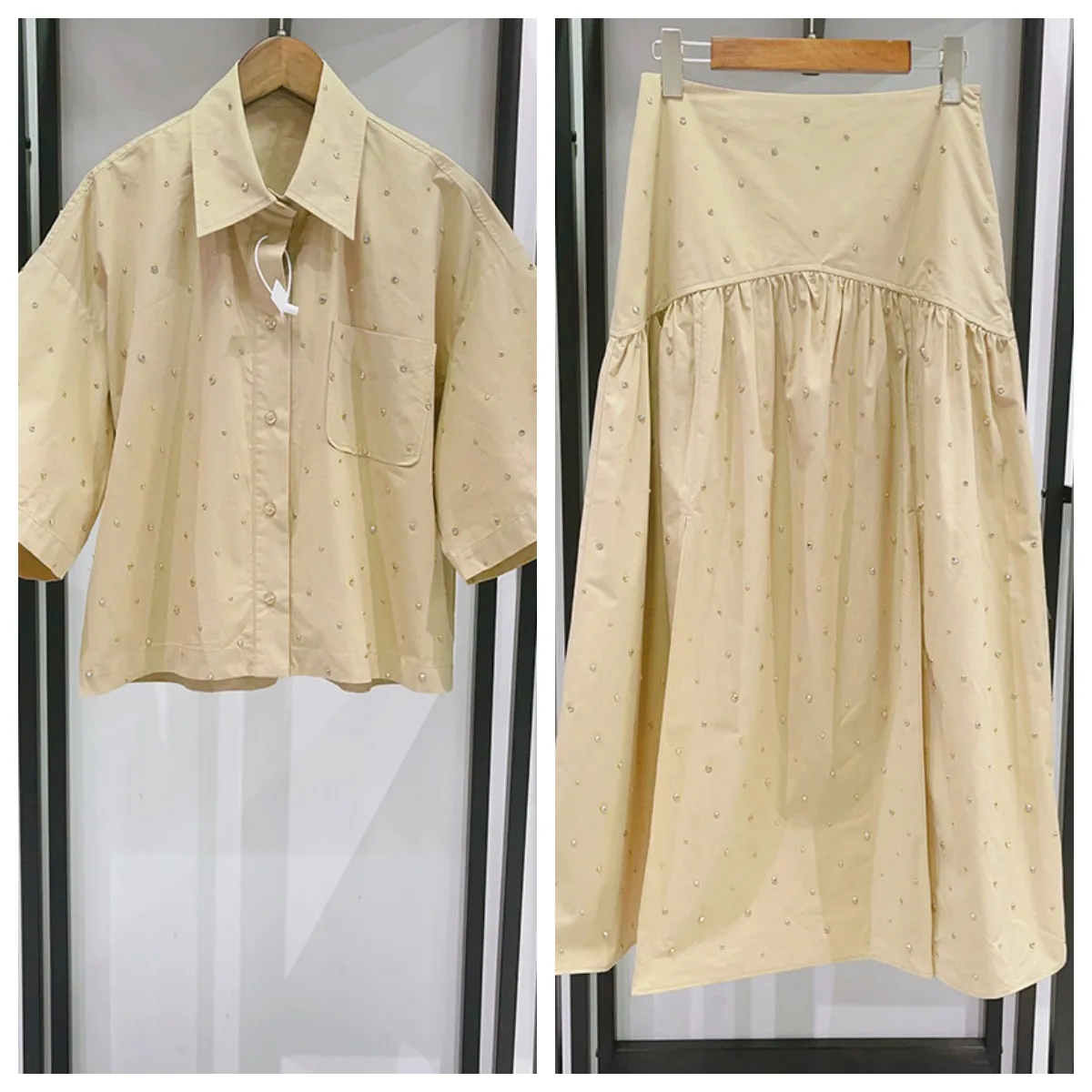 

Women Hot Rhinestone Decoration Lapel Single Breasted Short Sleeve Top + Midi Skirt 2026 Spring/Summer