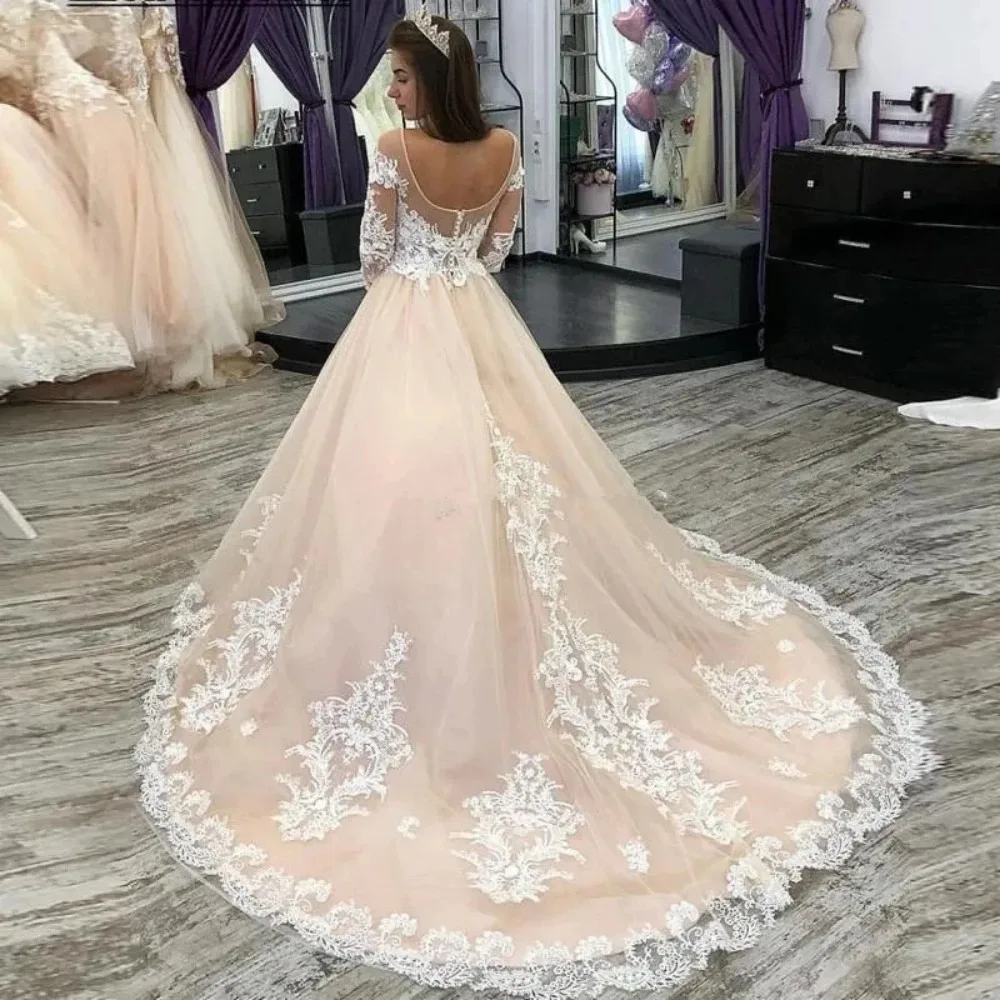 Elegante Champagner A-Linie Brautkleider schiere U-Ausschnitt Langarm Applikationen Knopf zurück Brautkleid Boho Vestido de Novia