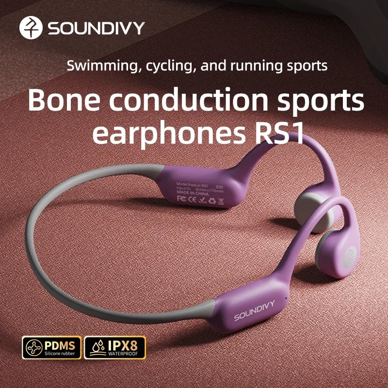 

SOUNDIVY RS1 Bone Conduction Earphones Bluetooth Wireless 32GB Memory IPX8 Waterproof Swimming & Running Sports Earphones