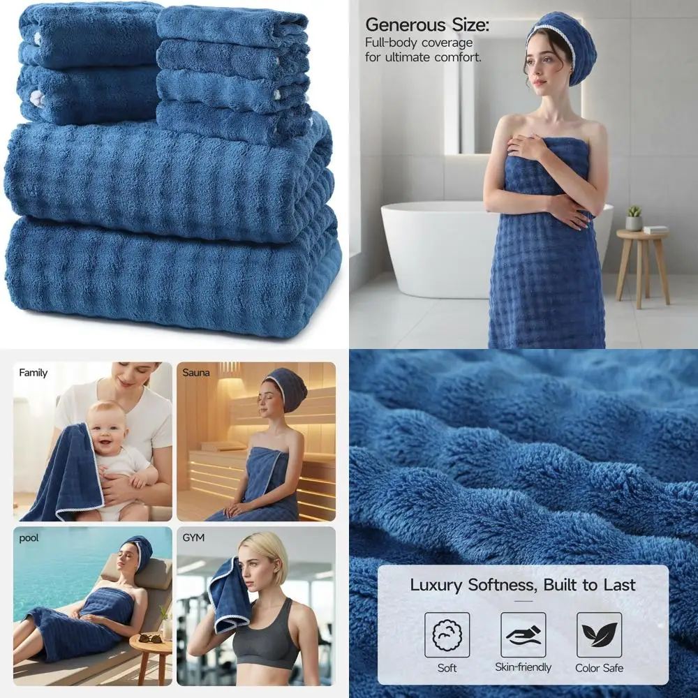 

8-Piece Soft Bath Towel Set: 2 Extra Large Sheets (35x70in), 2 Hand Towels, 4 Washcloths, Microfiber, Quick Dry & Absorbent, Blu