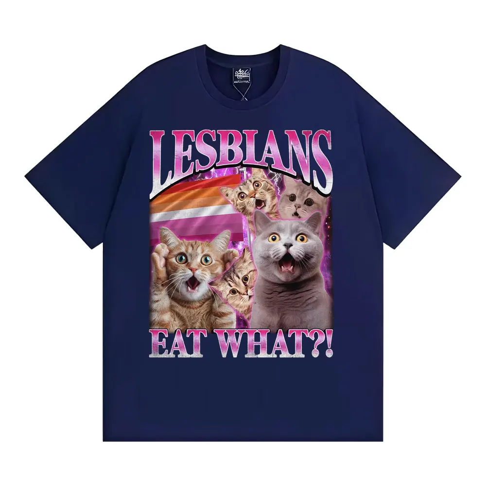 المثليات يأكل ما مضحك القط ميمي تي شيرت الرجال النساء موضة خمر تي شيرتات قصيرة الاكمام عالية الجودة عادية القطن 100% تي شيرت #2