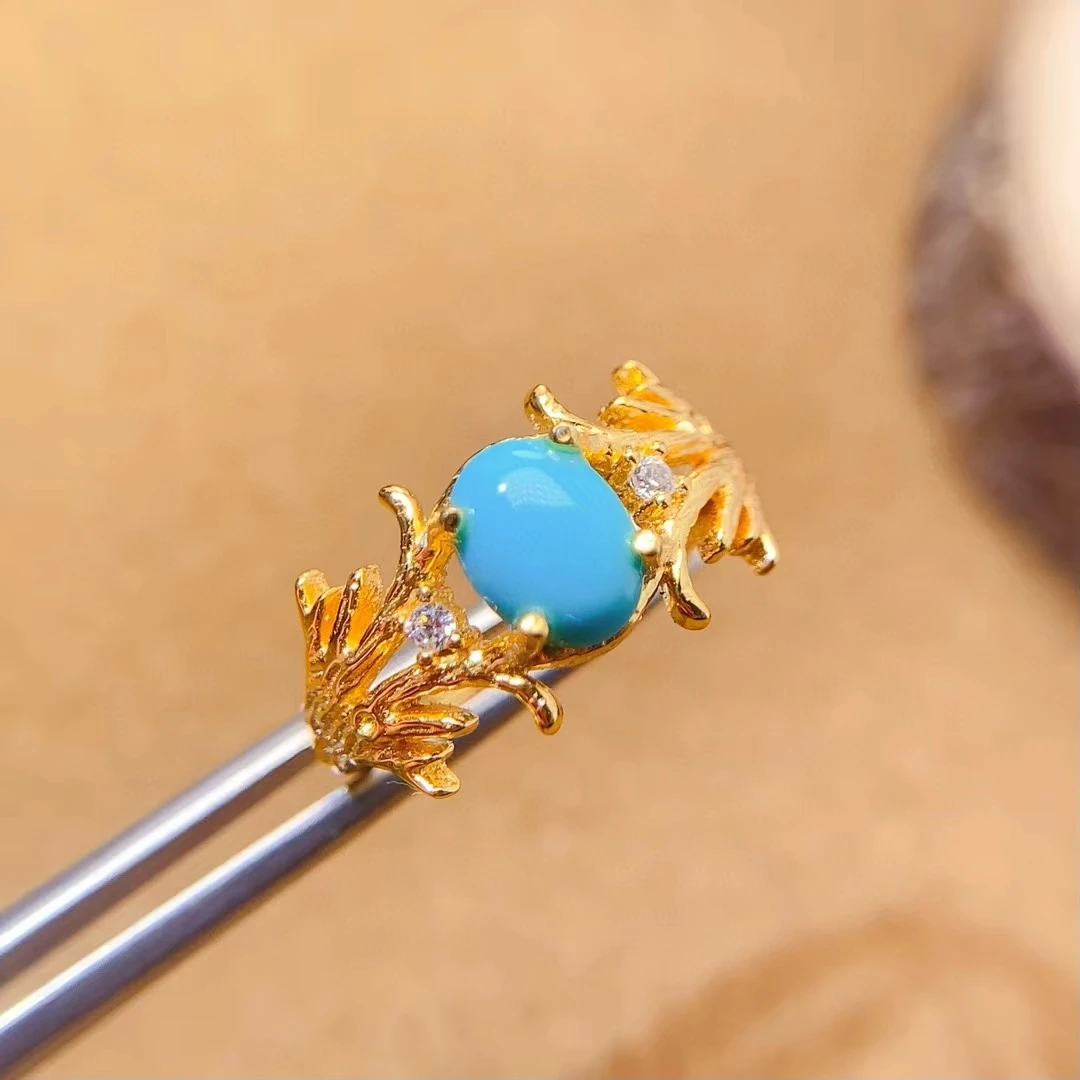 Design Style 925 Silver Turquoise Ring 5mm*7mm Natural Turquoise Powder Forming Gemstone Ring with 18K Gold Plating