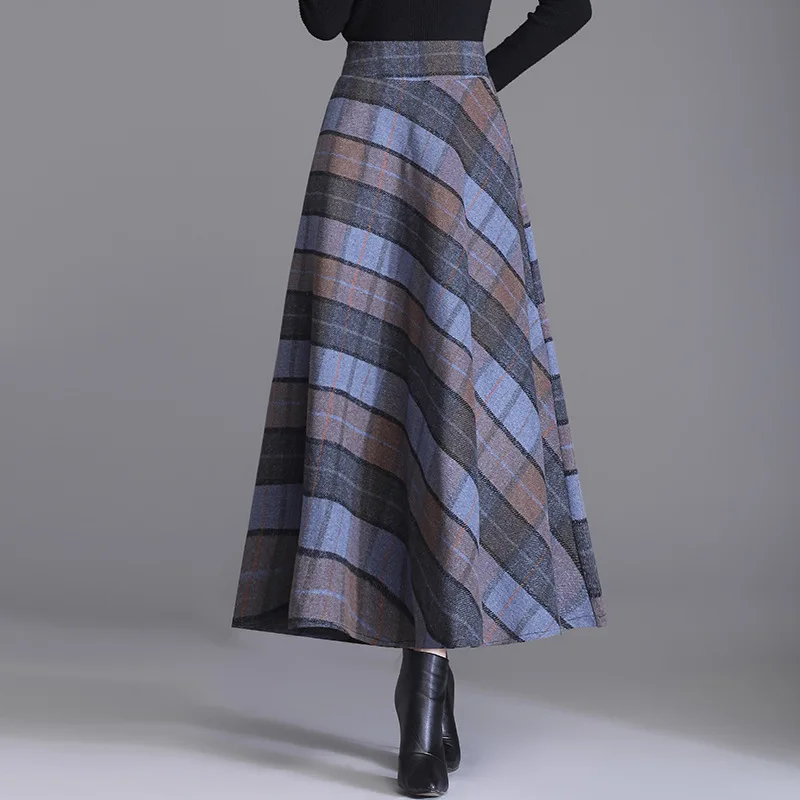 

#1613 Winter Woolen Skirt Women Plaid Vintage A-line Skirt Ladies High Waisted Office Skirt Female Loose Thick Ankle-length