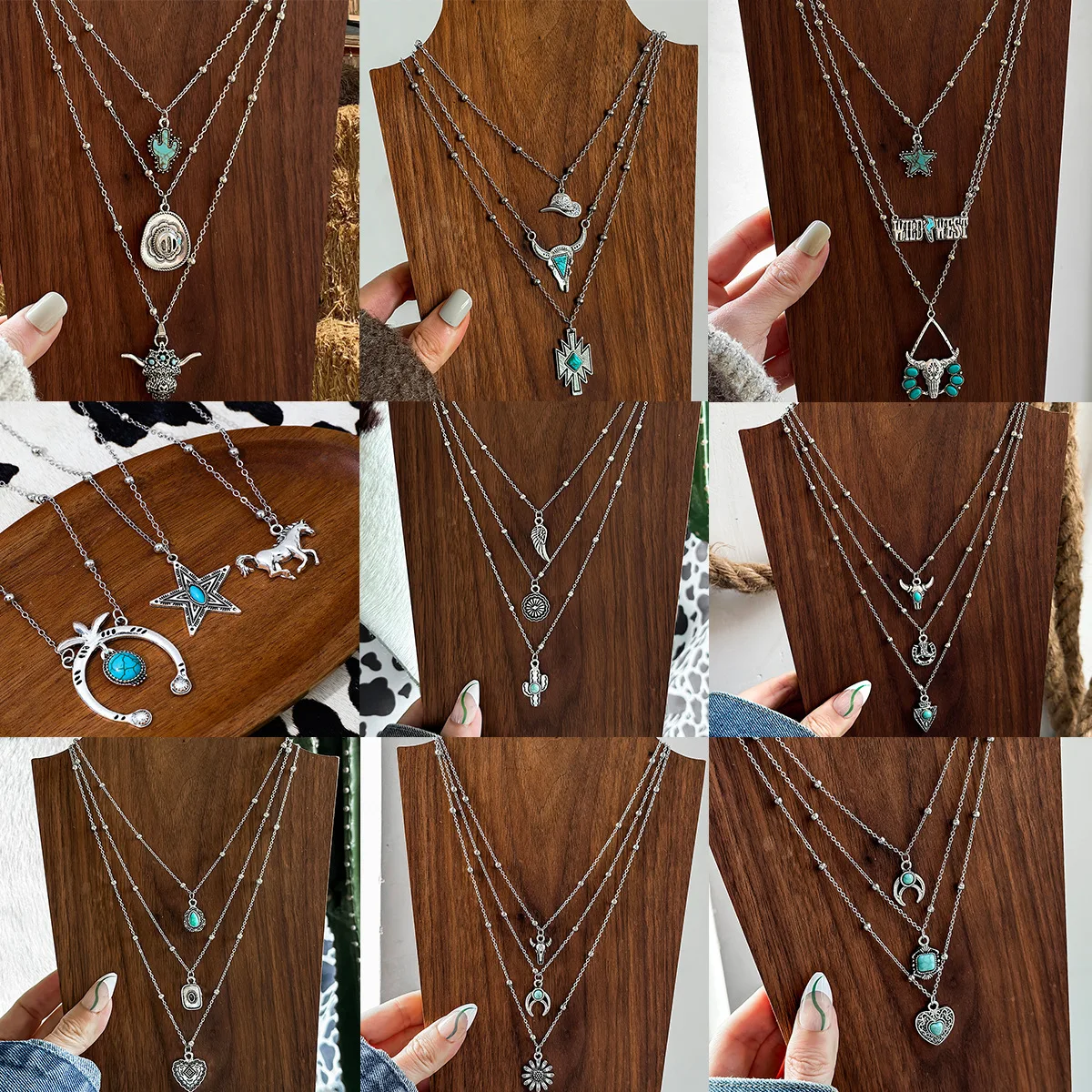 Meetvii Western Cowboy Style Turquoise Multi-layer Necklaces for Women Vintage Flower Plate Bull Head Hat Pendant Neck Jewelry