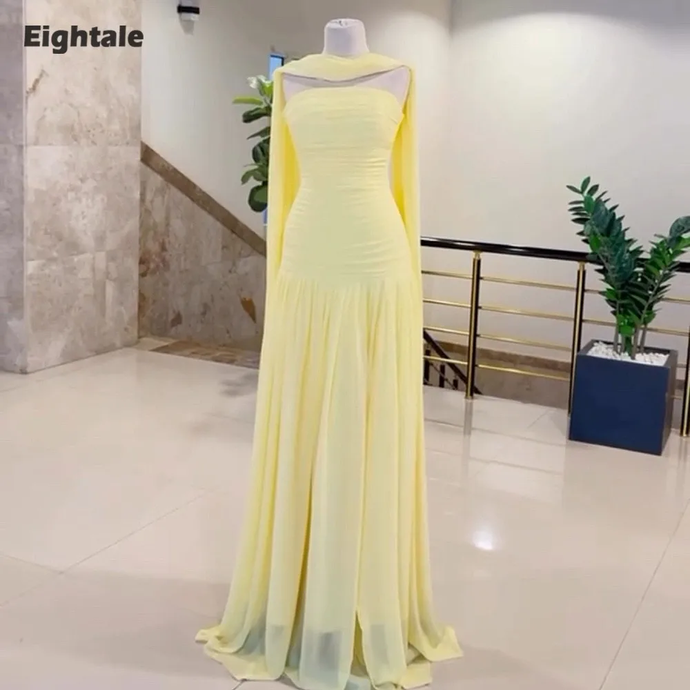 

Eightale Arabic Evening Dress Strapless Customized Muslim Chiffon Pleats Mermaid Yellow Prom Wedding Party Gown