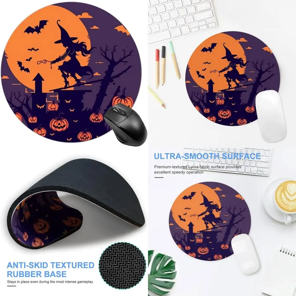 

Round 20cm Halloween Witch Mouse Pad with Flying Pumpkin and Ghost Skull Design