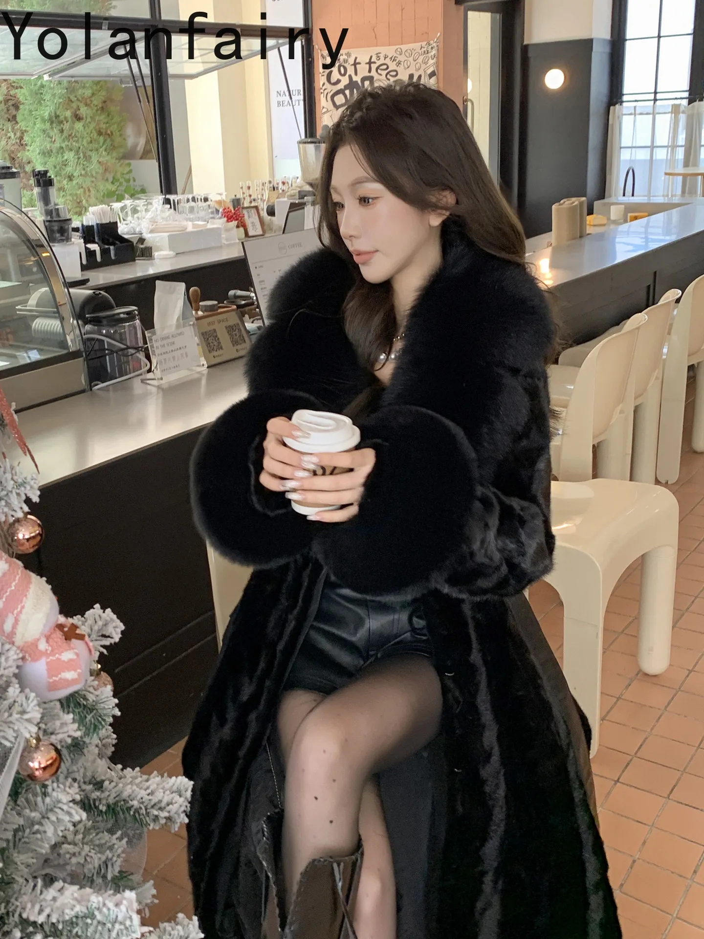 YOLANFAIRY Real Fur Coat Women High Quality Pieced Mink Jacket with Belt Winter Luxury Fox Fur Collar Long Mink Fur Coats 114cm