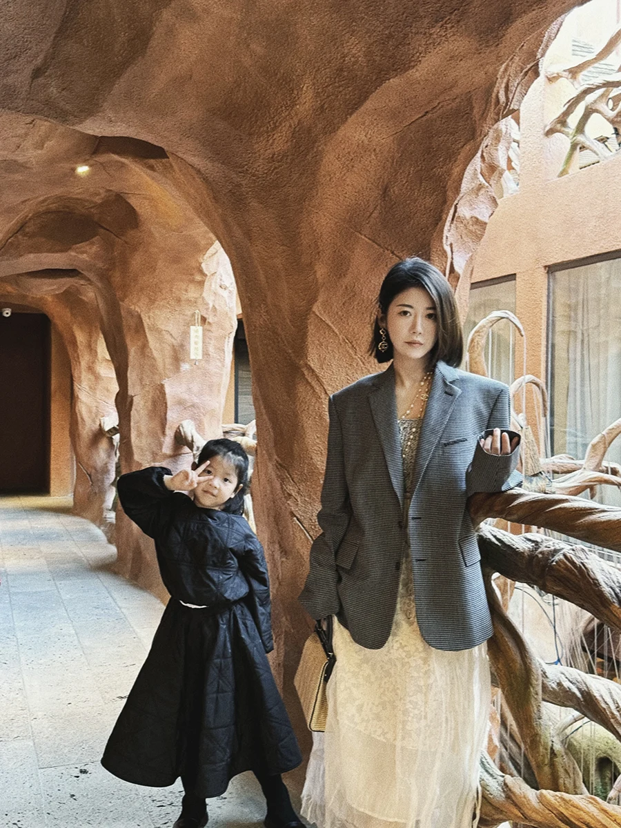 

HANSCO Premium Merino Wool Plaid Loose Mid-Length Suit Jaet Women's Commute Sle Long Sve Single Button Closure