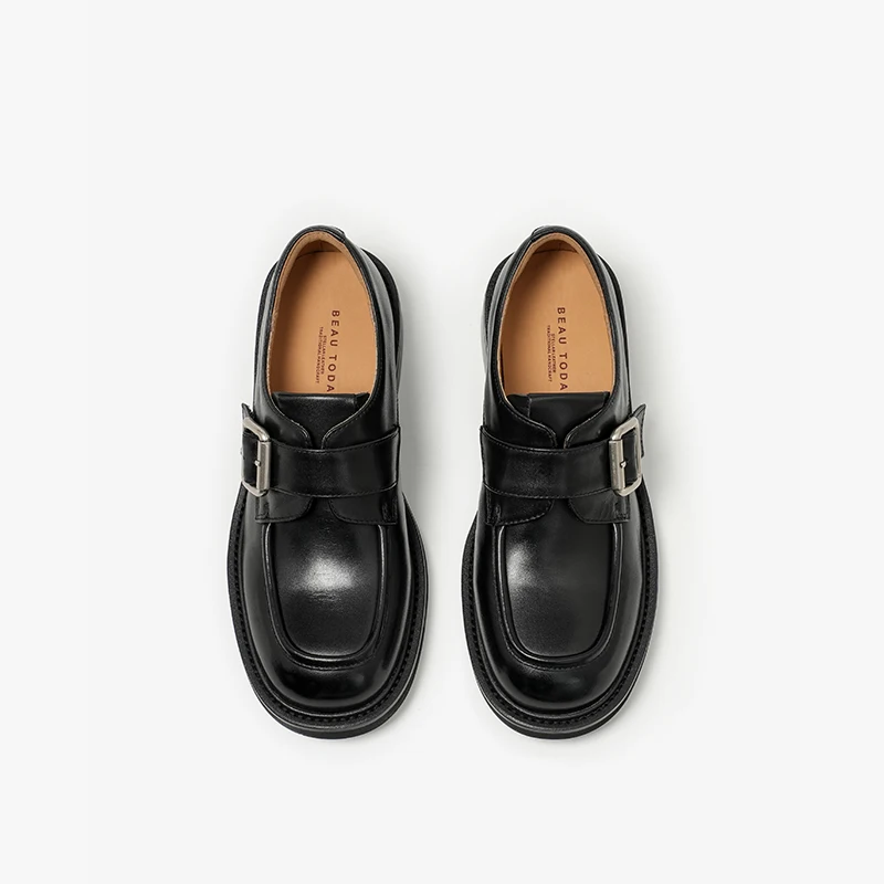 BeauToday Leather Monk Shoes Women Calfskin Buckle Strap Round Toe Sewing Design Casual Ladies Flats Handmade 27940