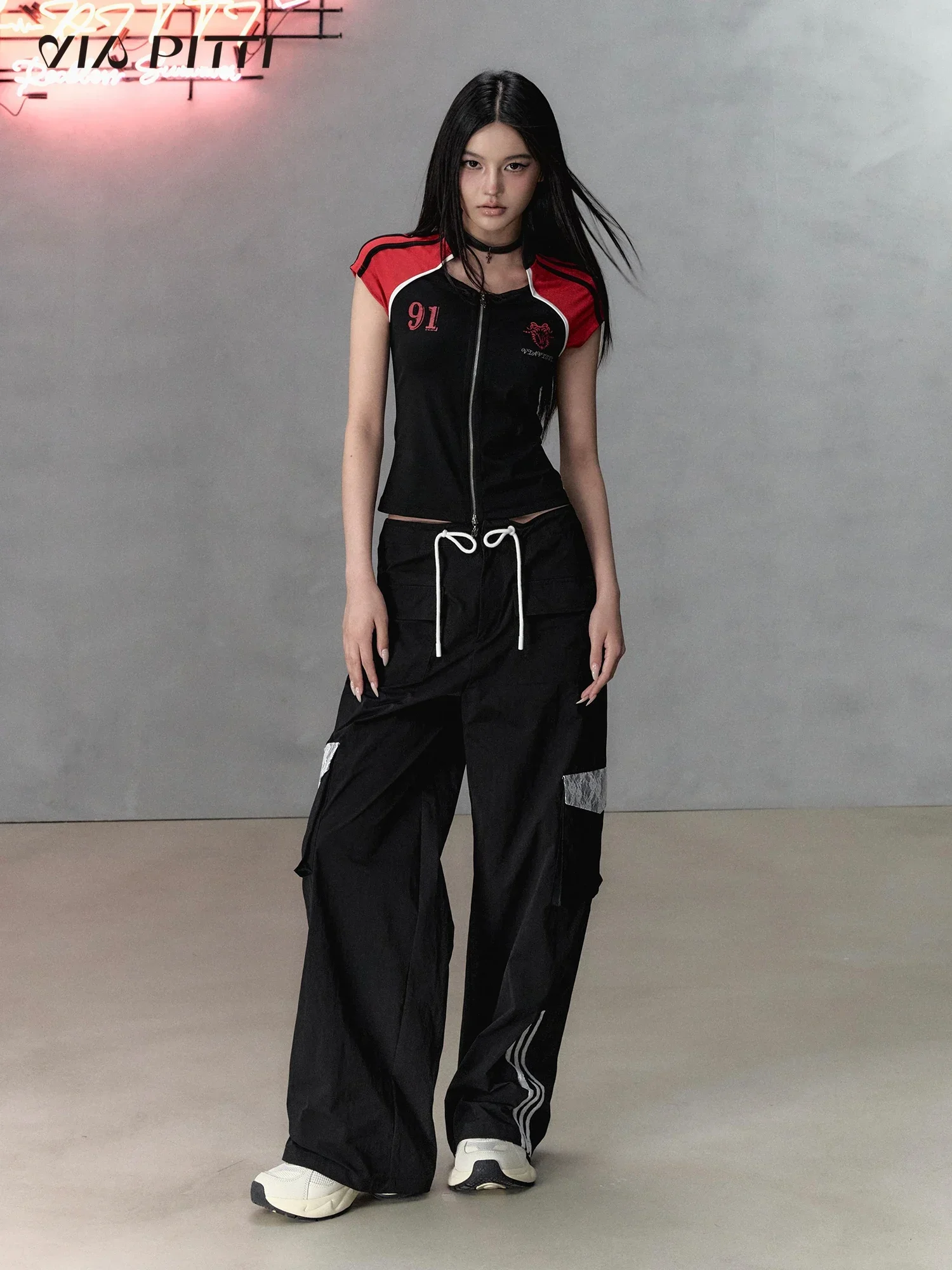 IMU Cool Girls Casual Sports Design Color Contrasting Zipper Slim Short Sleeve Tshirt Summer New Sexy Red Black Summer Top Tee W
