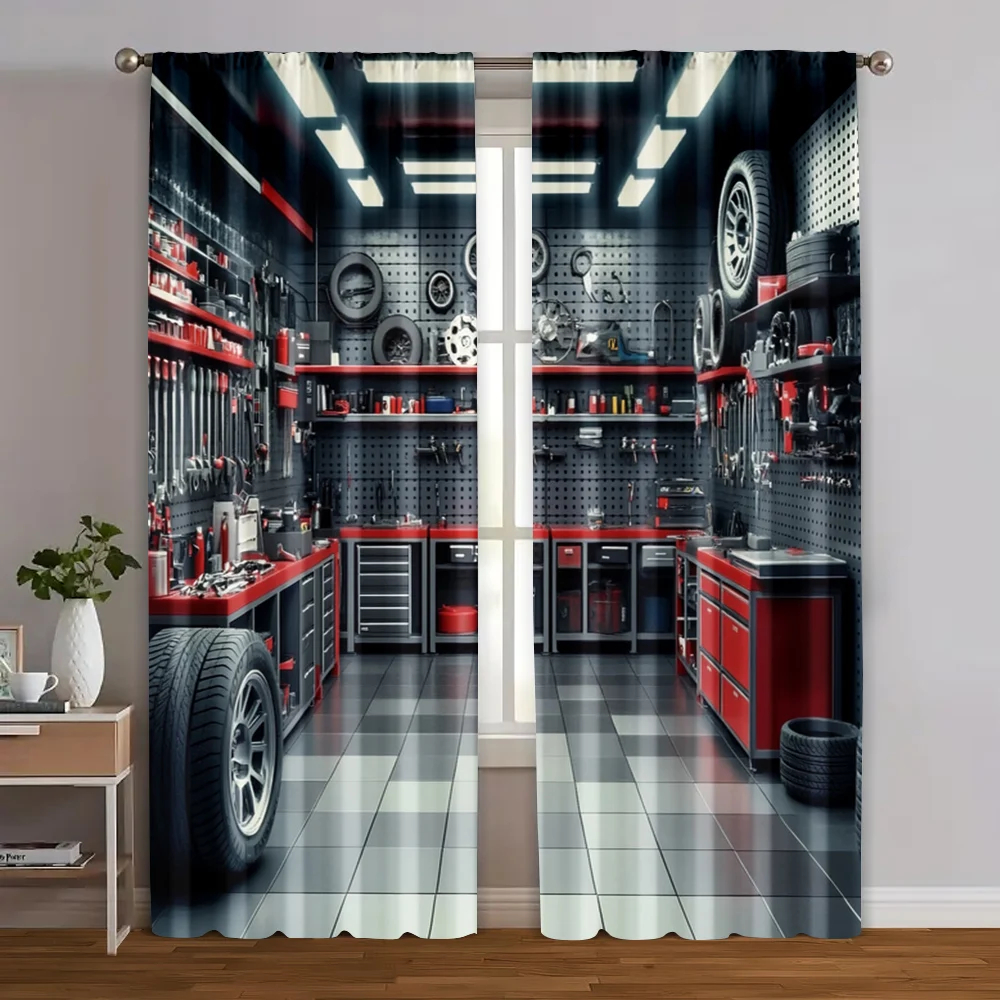 2pcs, Curtains Digital Printed Garage Tools Workshop Versatile 100% Polyester (without rod) Holiday Ldeal for Living Room and