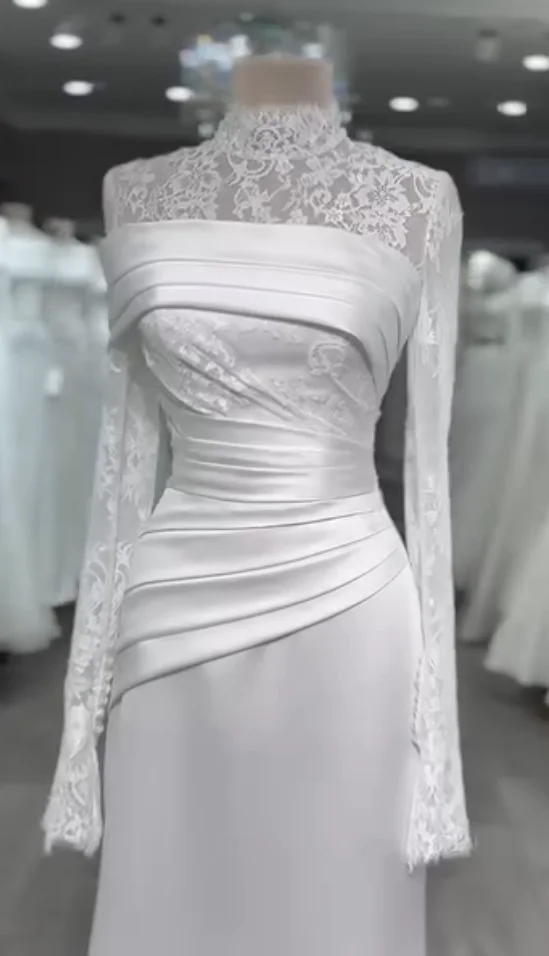 QICHE Satin Muslim Wedding Dresses High Neck Lace Full Sleeves Bride Gowns Dubai Modest White Long Bridal Dress Customized image 5