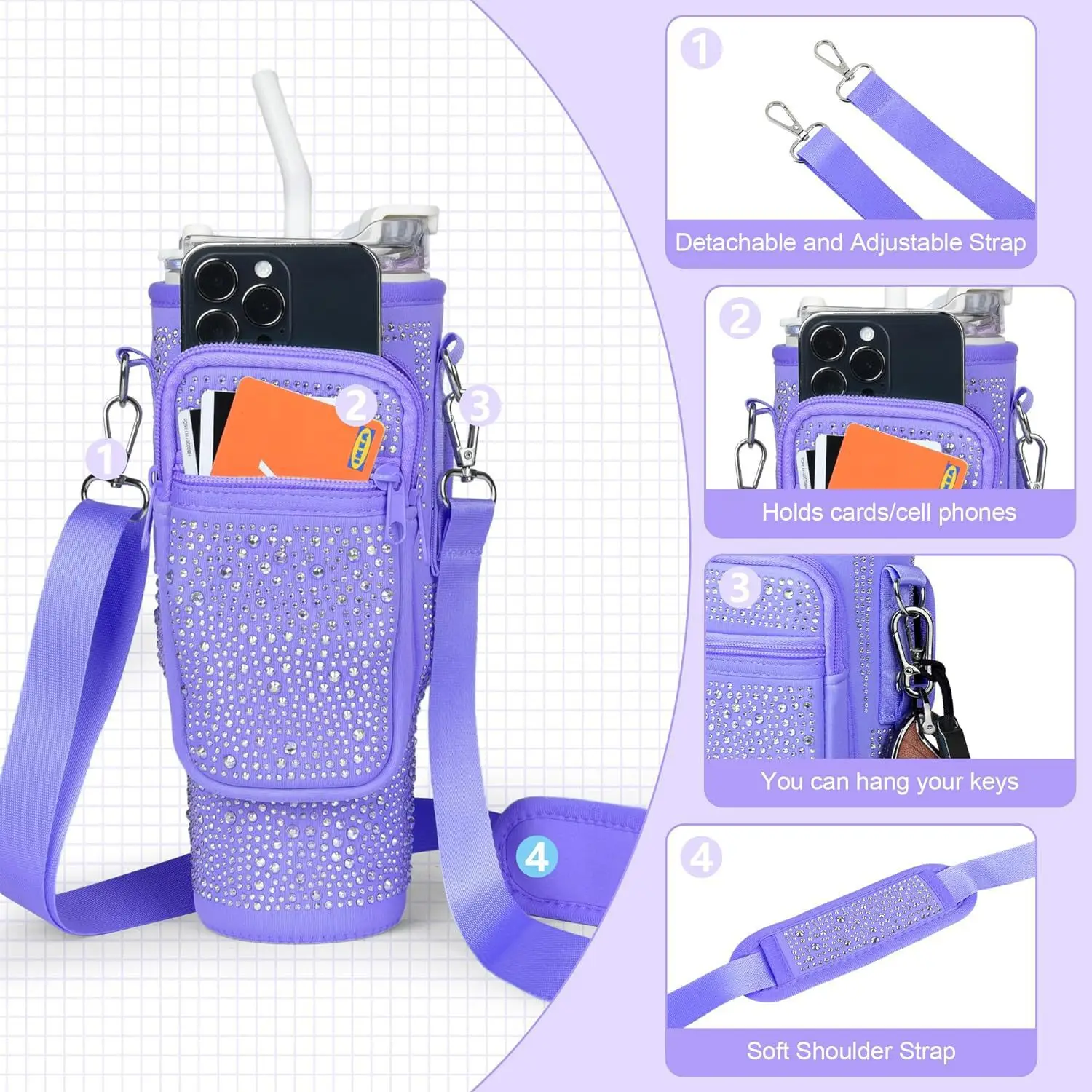 New Bling Diamond Water Bottle Carrier Holder Bag Water Bottle Pouch Accessory for Tumbler 40 oz Travel Drink Accessories