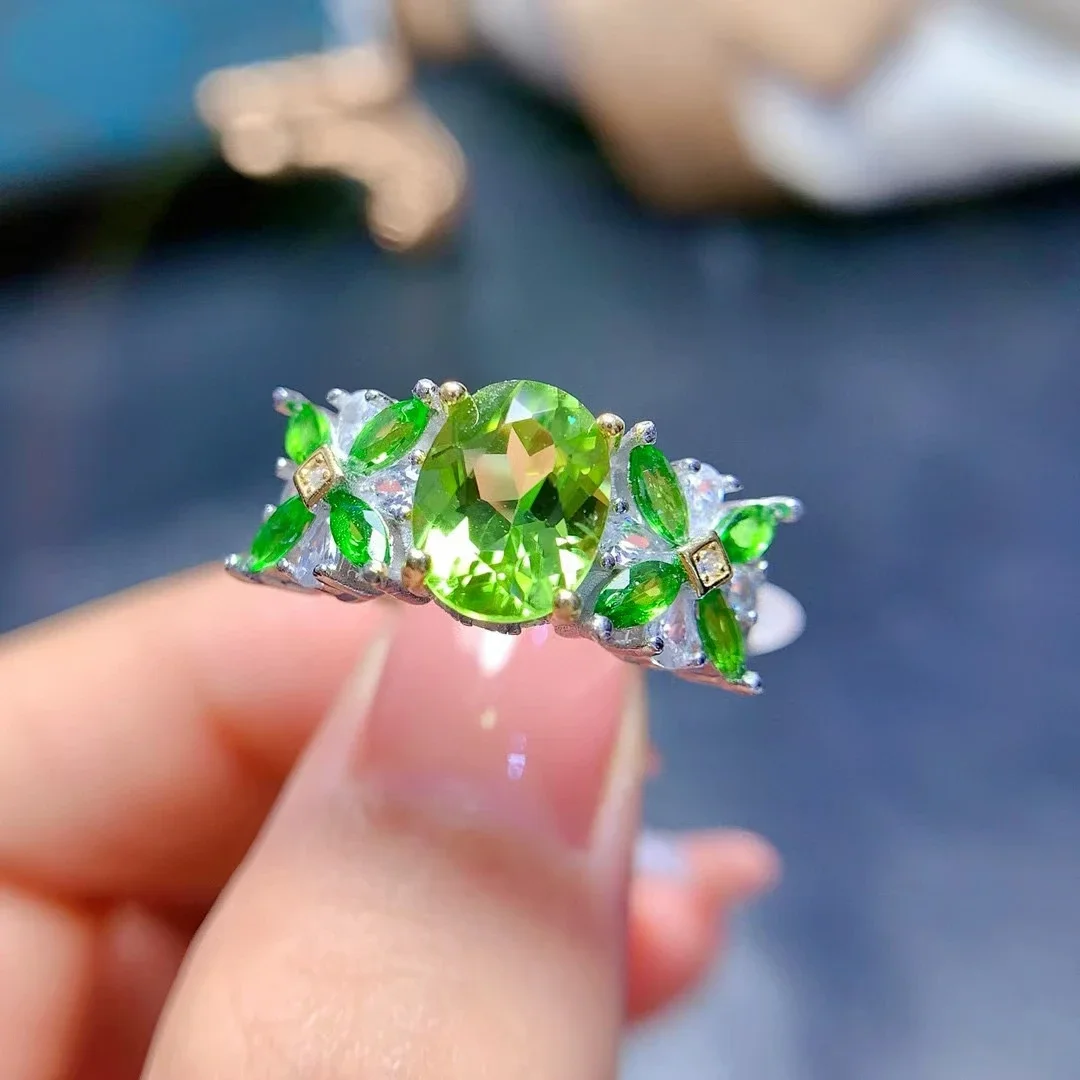 

Luxury 925 Silver Gemstone Ring 7*9mm Natural Peridot Ring with 2*4mm Genuine Diopside Side Stone Gift for Women