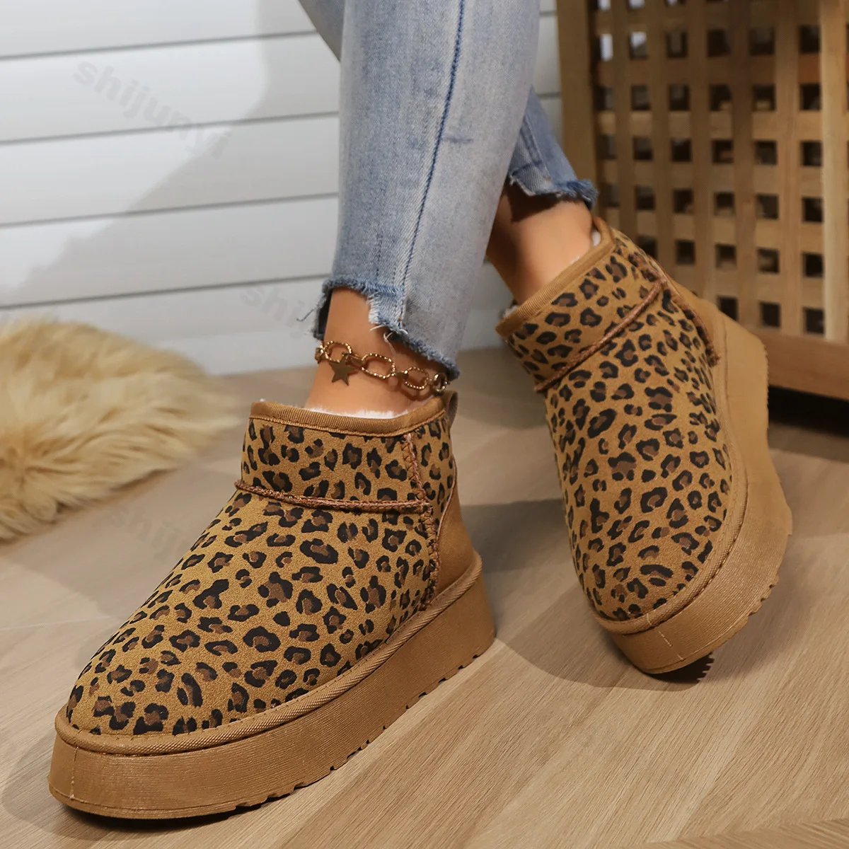 Leopard Print Suede Snow Boots Woman Platform Ankle Boots 2024 Winter New Thickened Plush Warm Cotton Shoe Women Short-Tube Boot