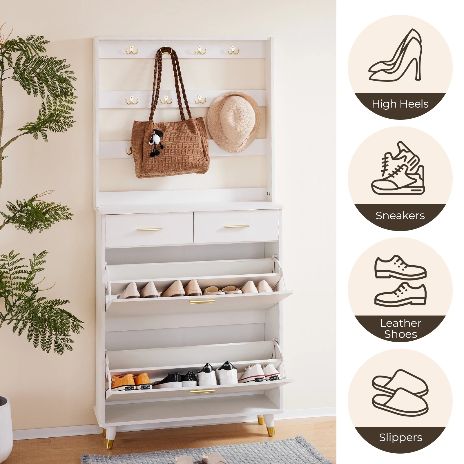 Entryway Bedroom Armoire,Shoe Cabinet,Wardrobe Armoire Closet, Drawers and Shelves,  Handles,  Hanging Rod, white