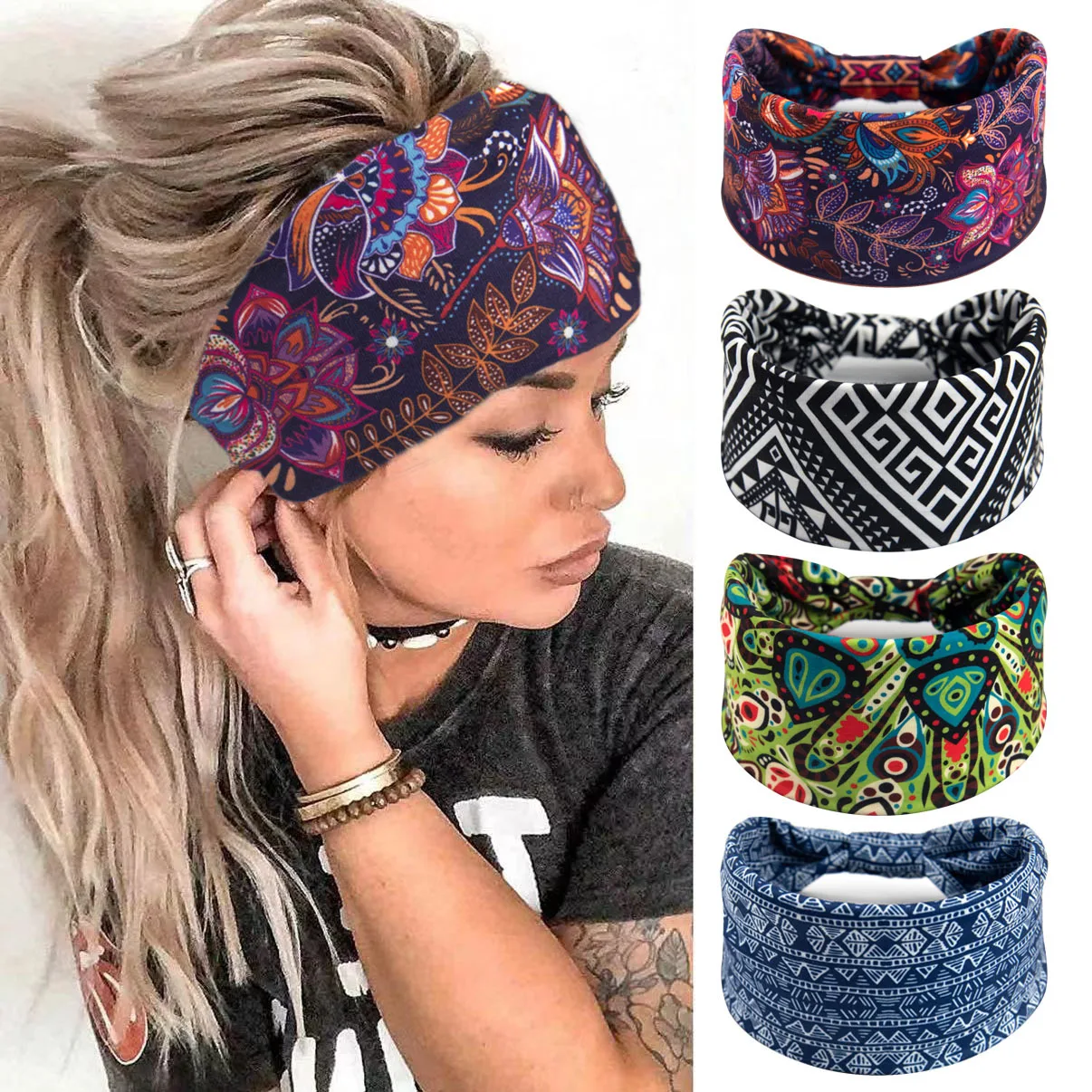 Boho Flower Print Headbands Women Wide Twist Knotted Head Bands Elastic Non-Slip Hair Bands Vintage Yoga Head Wraps Turbans