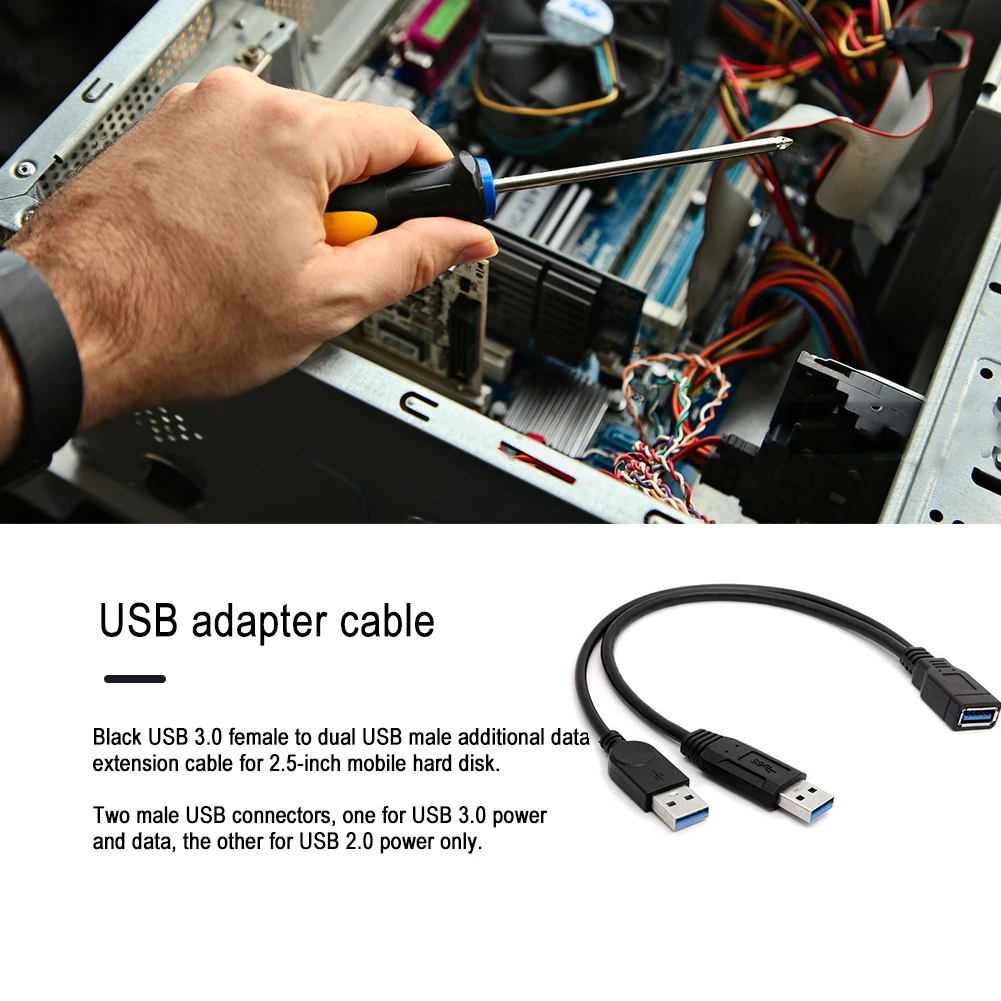 Dual USB External PC Accessories USB 3.0 Female to Dual USB Type A Male Extra Power Data Y Extension Cable Black