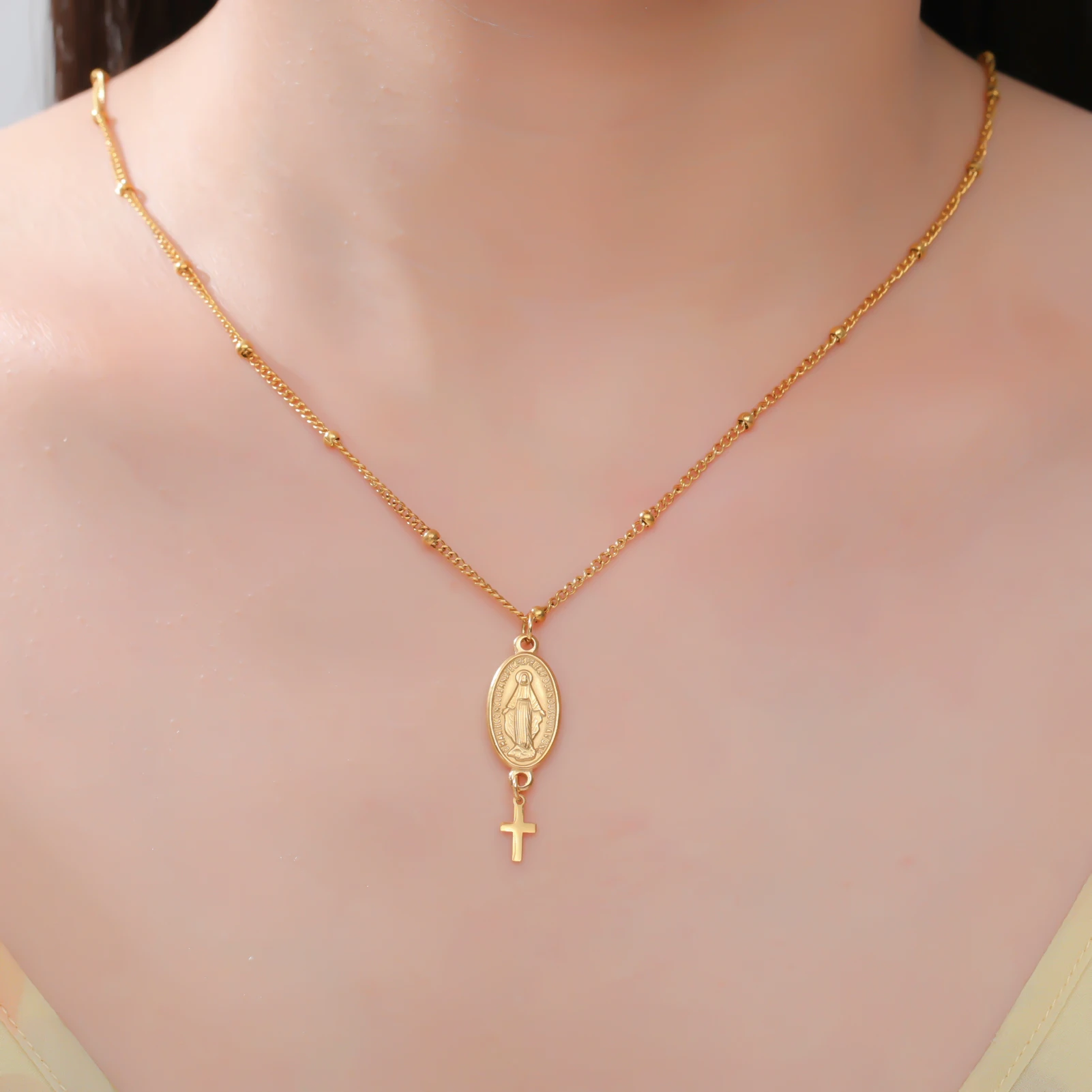 1pc Dainty Sideway Cross Necklaces, Women's Virgin Mary Charm Collar, Adjustable Stainless Steel Jewelry