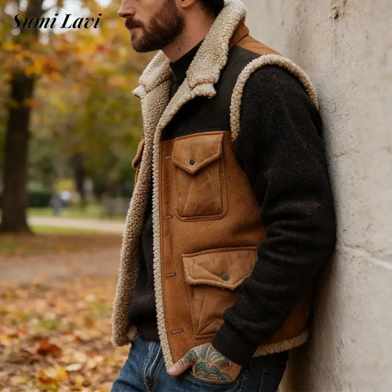 

Уличное повседневное шерстяное пальто, мужские замшевые жилеты без рукавов на пуговицах с лацканами в стиле пэчворк для мужчин, осенне-зимний винтажный жилет, куртки