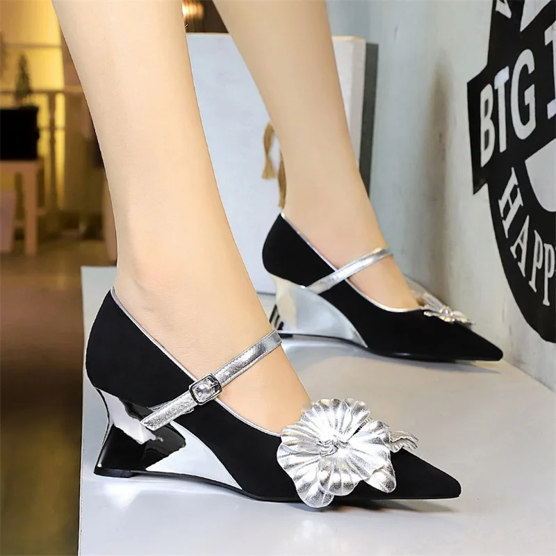 European American Style Flowers Color-Blocking Metal Heel Suede One-Length Strap Pointed Toe Shallow Mouth High Heels Elegant
