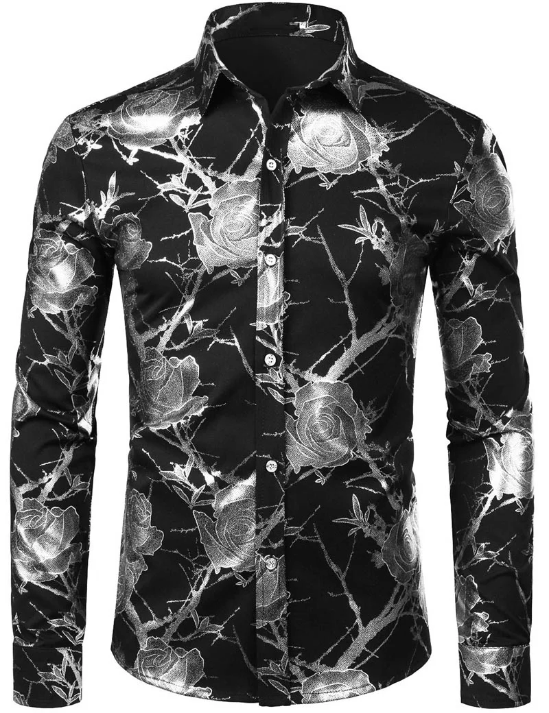 Fashion Men\'s Shirt Flowers 3D Gold Pattern Printing Lapel Button Top Long Sleeve Shirt Clothing Styles Design Comfort Shirts