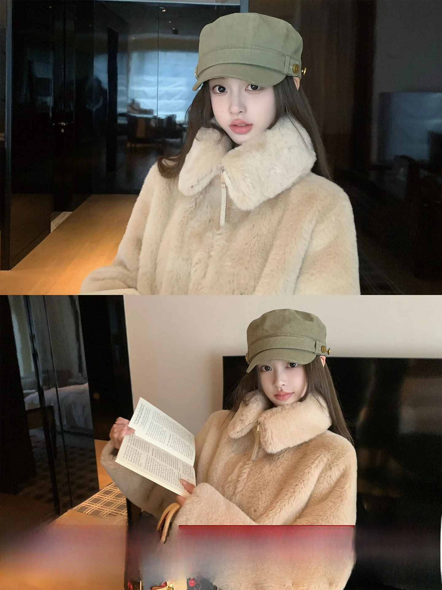

Okaaay Winter Soft Fufu Retro High-End Women's Coat Warmth-Insulated Eco-Friendly Fur Collar Stand-Up Zipper Closure Long Sve