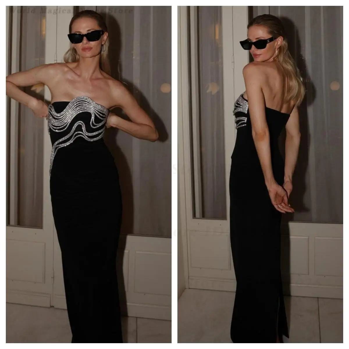 

Women New Arrival European American Strapless Rhinestone Chain Bandage Maxi Dress Sexy Bodycon Red Carpet Banquet Cocktail Party