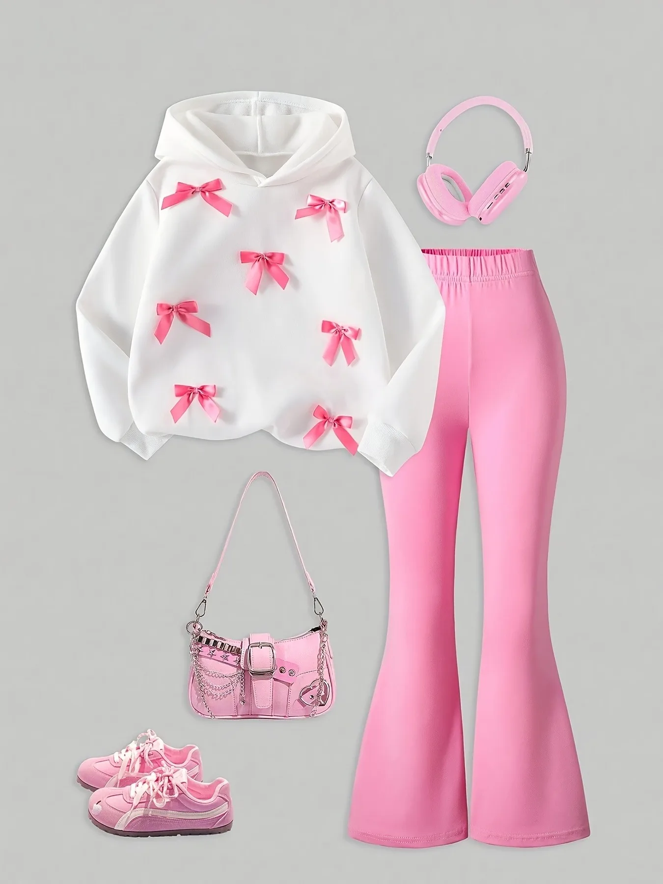 Trendy Girls 2Pcs Sweet Co-Ord Suit, 3D Pink Bow Adorned Loose White Hooded Sweatshirt, High Stretch Solid Pink Bell Bottom Trouser